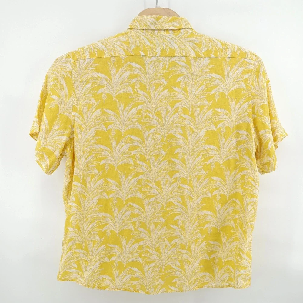 Banana Republic 100% Linen Button Down Shirt Yellow Tropical Palm‎ Leaf Mens XL